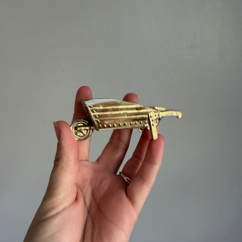 Vintage Made in England Gold Metal Miniature Wheelbarrow Floral Enamel 756157